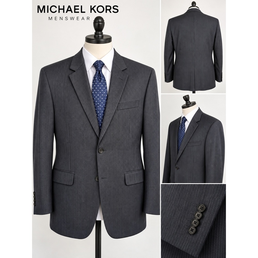 Michael Kors Menswear Pinstripe Blazer Sport Coat 40L Wool Blend Blue Gray